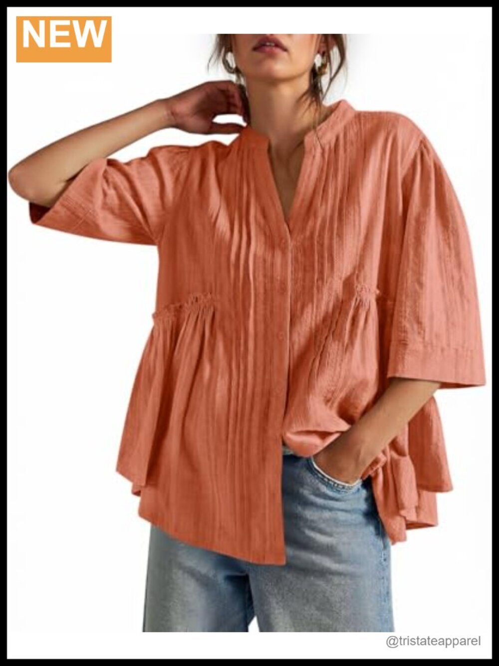 Womens Peplum Button Down Blouse Vneck Flowy Babydoll Top